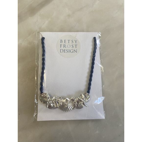 NEW $244 Betsy Frost seashell silver plated necklace on 18” navy braided rope - Picture 3 of 4